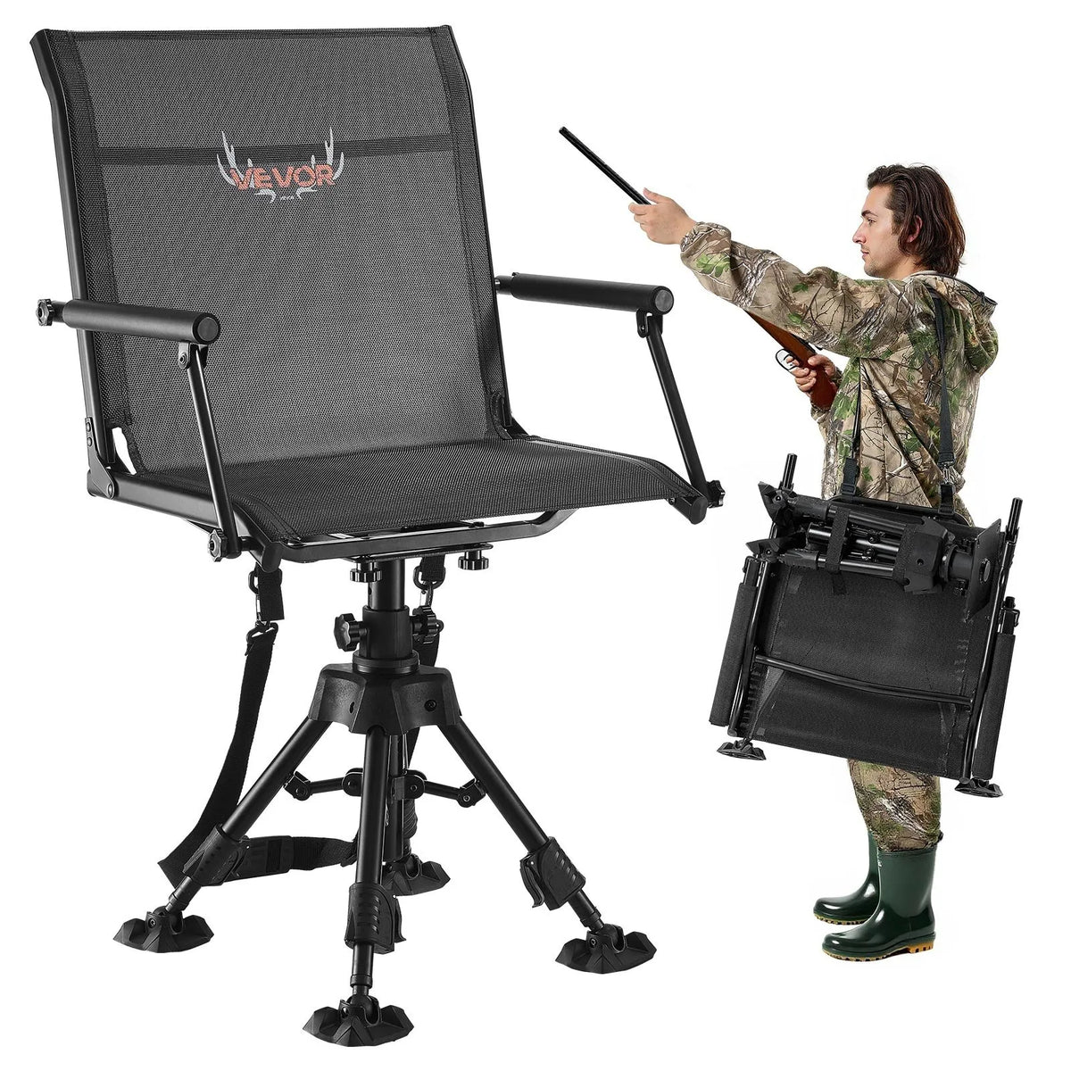 VEVOR Hunting Chair, 360° Silent Rotating, Foldable Portable Blind Chair with Armrests, Anti-Slip Feet, Adjustable Height, Durable Steel Frame, 158 kg Load Capacity, Suitable for Fishing and Camping