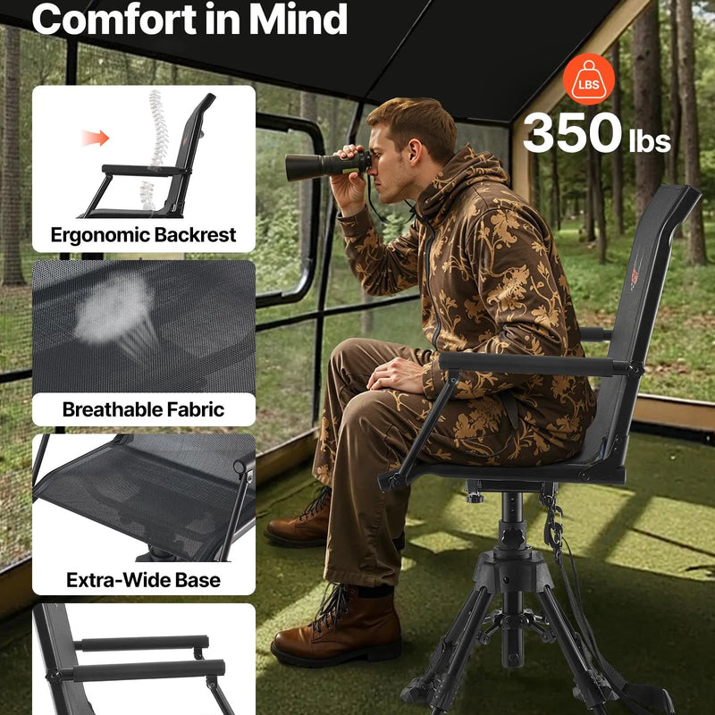 VEVOR Medību krēsls, 360° kluss rotējošs, salokāms pārnēsājams slēpņa krēsls ar roku balstiem, pretiegrimes kājām, regulējamu augstumu, izturīgu tērauda rāmi, 158 kg slodzi, piemērots makšķerēšanai un kempingam