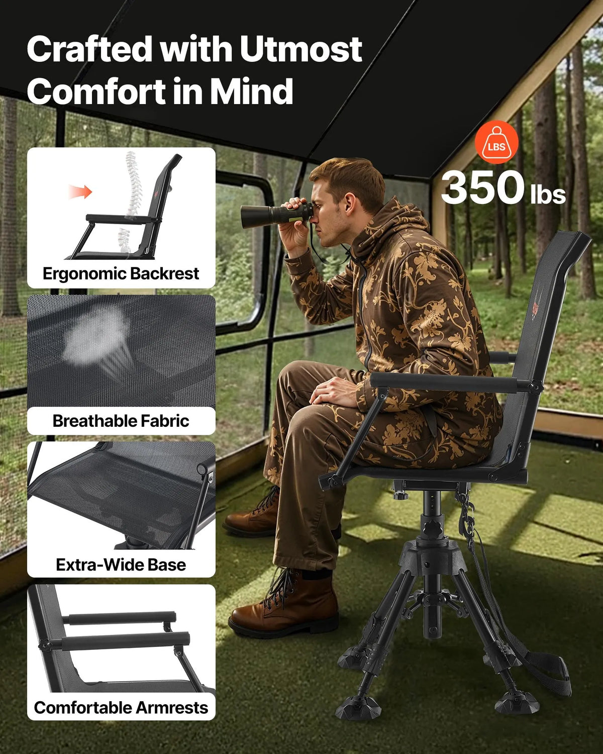 VEVOR Hunting Chair, 360° Silent Rotating, Foldable Portable Blind Chair with Armrests, Anti-Slip Feet, Adjustable Height, Durable Steel Frame, 158 kg Load Capacity, Suitable for Fishing and Camping
