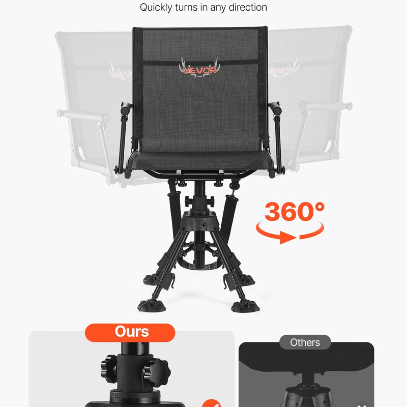 VEVOR Medību krēsls, 360° kluss rotējošs, salokāms pārnēsājams slēpņa krēsls ar roku balstiem, pretiegrimes kājām, regulējamu augstumu, izturīgu tērauda rāmi, 158 kg slodzi, piemērots makšķerēšanai un kempingam