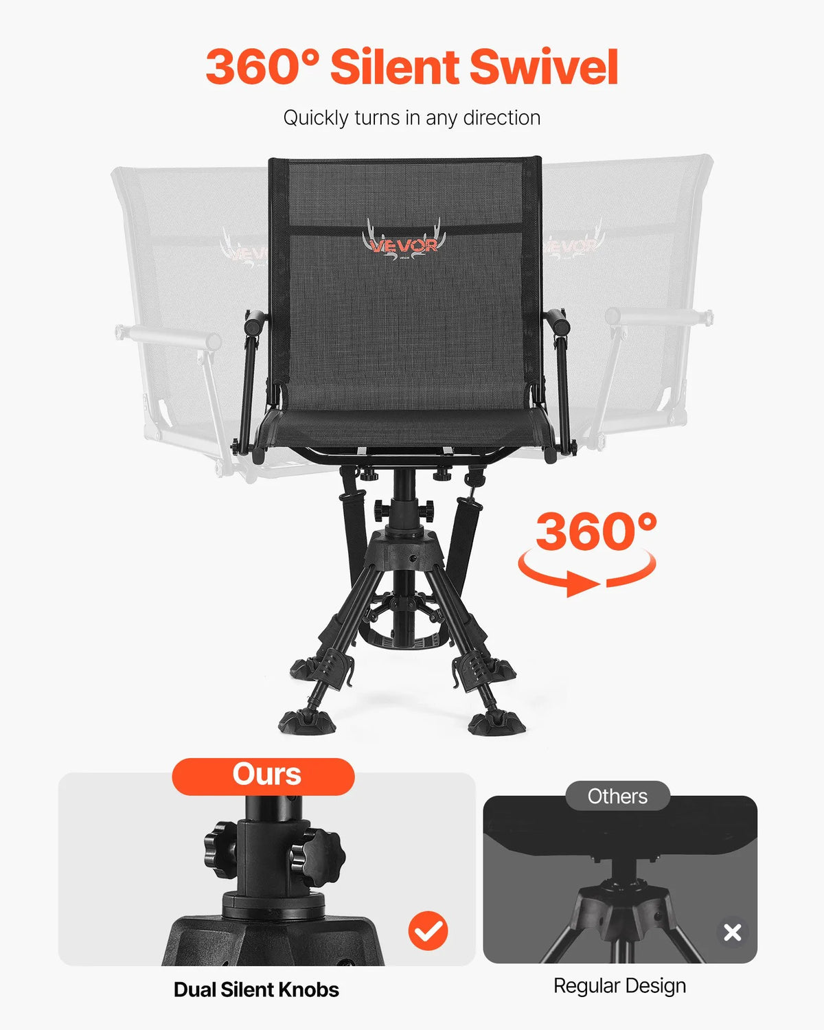 VEVOR Hunting Chair, 360° Silent Rotating, Foldable Portable Blind Chair with Armrests, Anti-Slip Feet, Adjustable Height, Durable Steel Frame, 158 kg Load Capacity, Suitable for Fishing and Camping