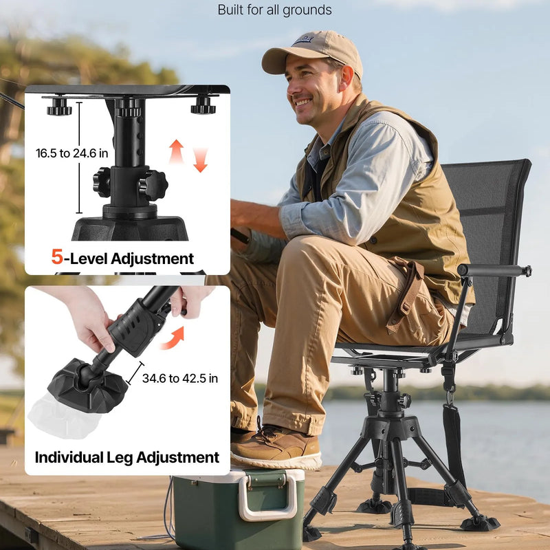 VEVOR Medību krēsls, 360° kluss rotējošs, salokāms pārnēsājams slēpņa krēsls ar roku balstiem, pretiegrimes kājām, regulējamu augstumu, izturīgu tērauda rāmi, 158 kg slodzi, piemērots makšķerēšanai un kempingam