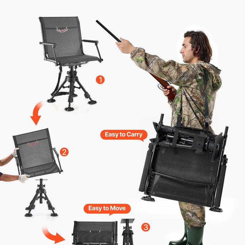 VEVOR Medību krēsls, 360° kluss rotējošs, salokāms pārnēsājams slēpņa krēsls ar roku balstiem, pretiegrimes kājām, regulējamu augstumu, izturīgu tērauda rāmi, 158 kg slodzi, piemērots makšķerēšanai un kempingam