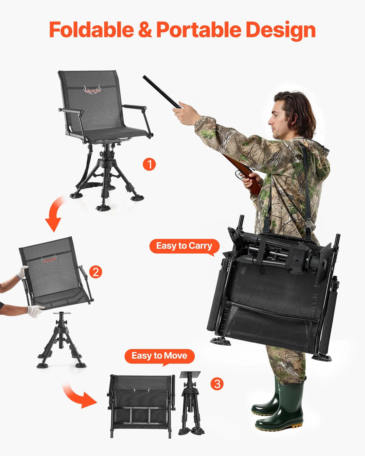 VEVOR Hunting Chair, 360° Silent Rotating, Foldable Portable Blind Chair with Armrests, Anti-Slip Feet, Adjustable Height, Durable Steel Frame, 158 kg Load Capacity, Suitable for Fishing and Camping