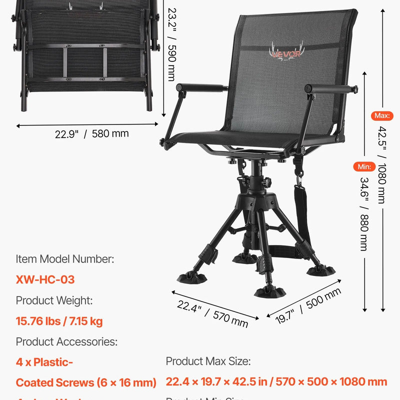 VEVOR Medību krēsls, 360° kluss rotējošs, salokāms pārnēsājams slēpņa krēsls ar roku balstiem, pretiegrimes kājām, regulējamu augstumu, izturīgu tērauda rāmi, 158 kg slodzi, piemērots makšķerēšanai un kempingam