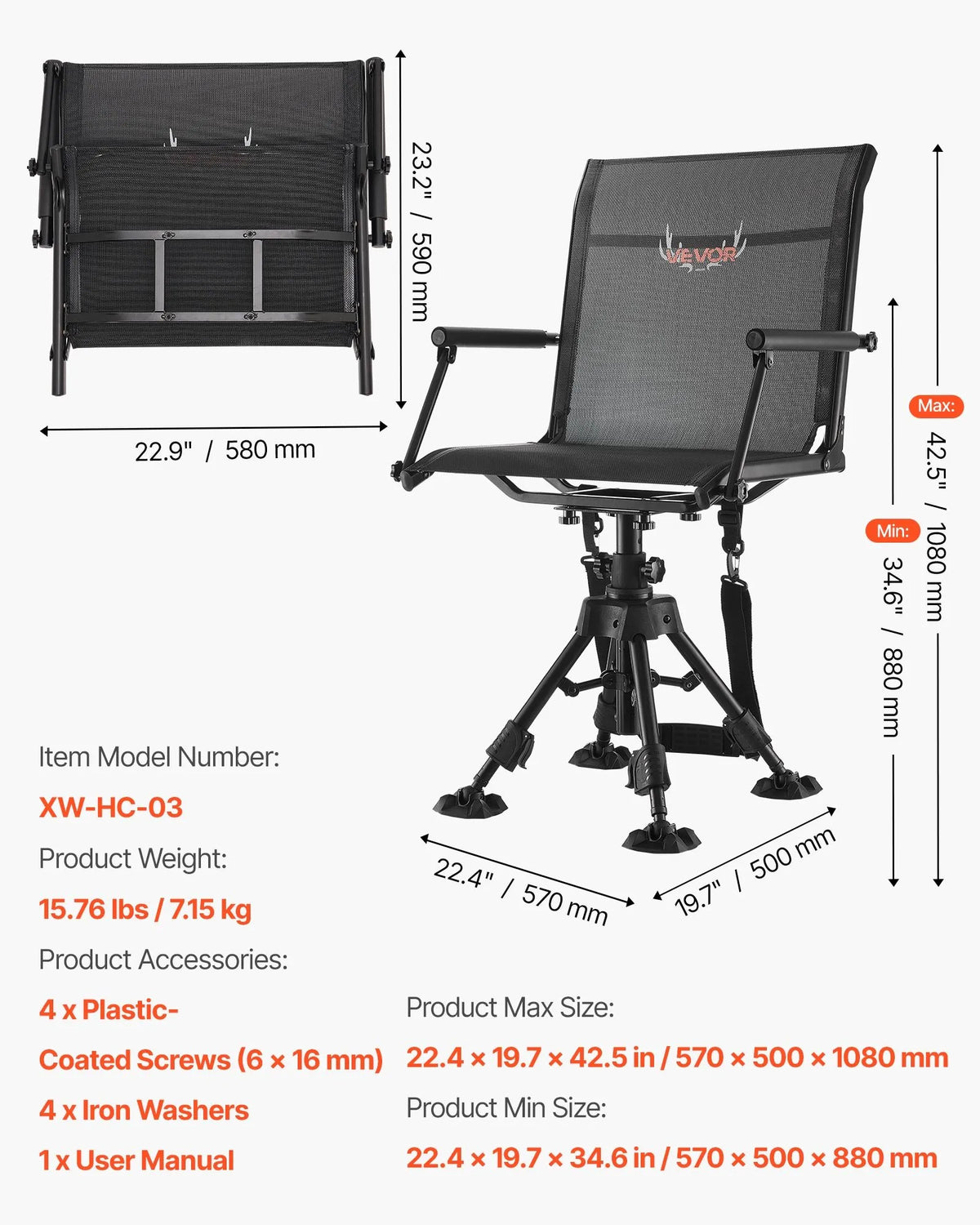 VEVOR Hunting Chair, 360° Silent Rotating, Foldable Portable Blind Chair with Armrests, Anti-Slip Feet, Adjustable Height, Durable Steel Frame, 158 kg Load Capacity, Suitable for Fishing and Camping