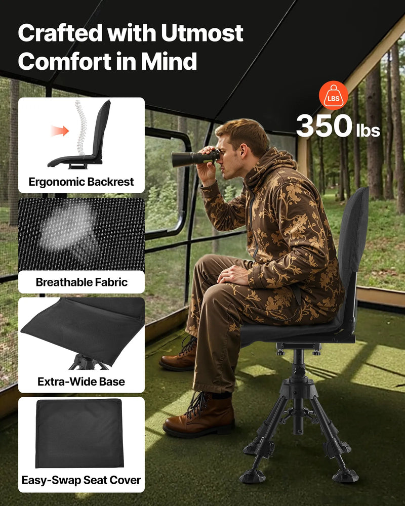 Medību krēsls, 360° kluss rotējošs, salokāms pārnēsājams slēpņa krēsls ar sēdekļa pārsegu, pretiegrimes rotējošām kājām, regulējamu augstumu, izturīgu tērauda rāmi, 158 kg slodzi, piemērots makšķerēšanai