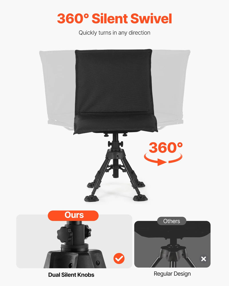 Medību krēsls, 360° kluss rotējošs, salokāms pārnēsājams slēpņa krēsls ar sēdekļa pārsegu, pretiegrimes rotējošām kājām, regulējamu augstumu, izturīgu tērauda rāmi, 158 kg slodzi, piemērots makšķerēšanai