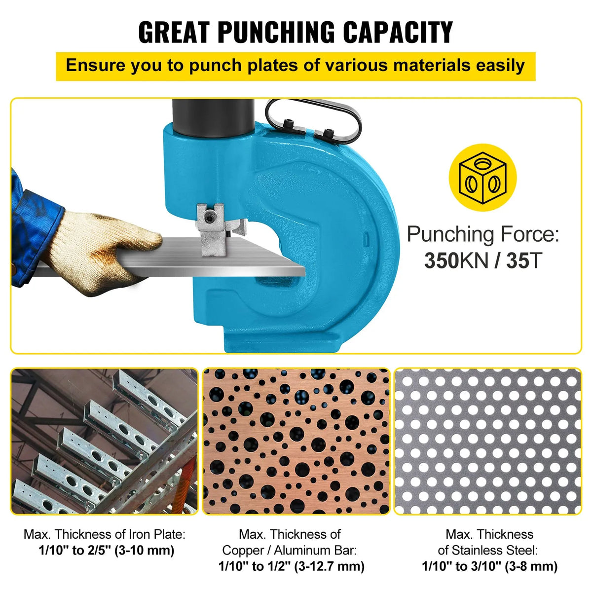 VEVOR CH-70 Hydraulic Drill-Breaker (Drilling and Breaking Tool) with 35 T Force, Flat Copper Drilling Capability, Electric L-Shaped Pump, and CP-700 H and CFP-800-1 Tungsten Steel Busbar Attachments