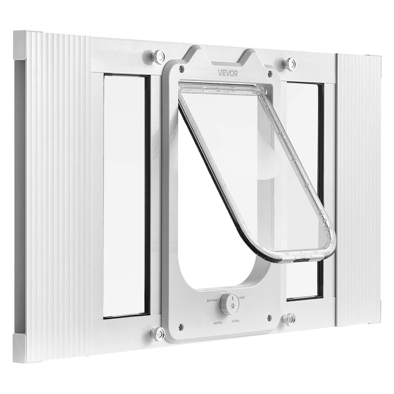 VEVOR kaķu durtiņas logam, regulējamas loga platumam 584–711 mm, 4 droši bloķēšanas režīmi, alumīnija rāmis ar augstas caurspīdības stiklu, magnētiska aizvēršanās, laikapstākļu izturīgas ātrās uzstādīšanas durtiņas kaķiem, baltas
