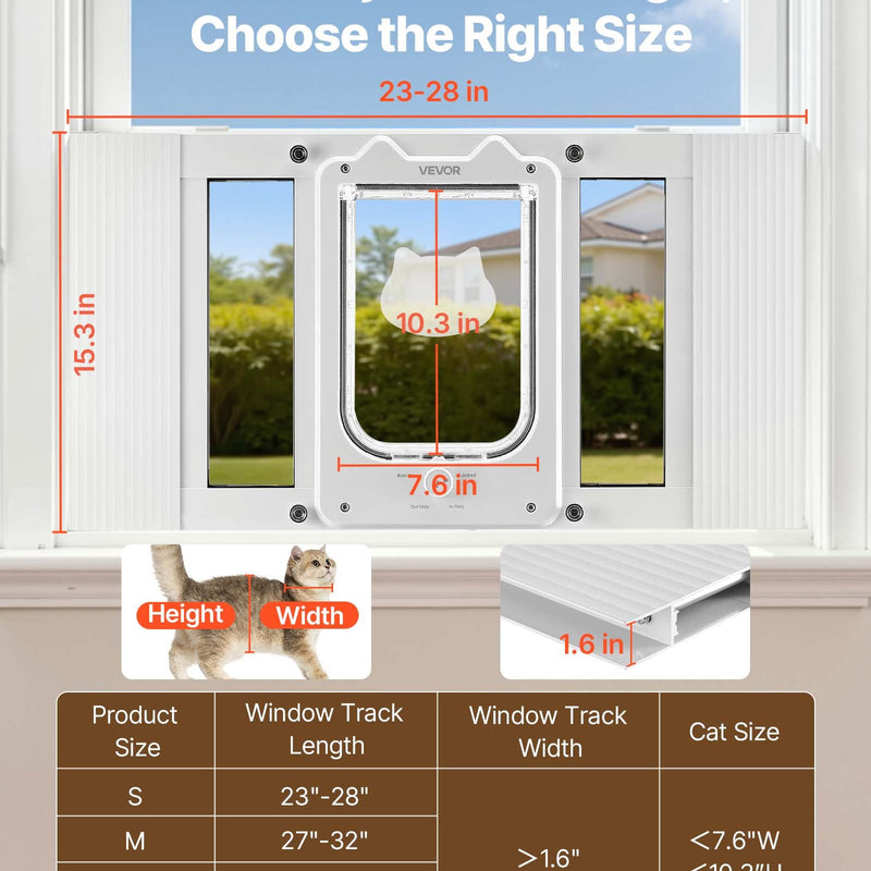 VEVOR kaķu durtiņas logam, regulējamas loga platumam 584–711 mm, 4 droši bloķēšanas režīmi, alumīnija rāmis ar augstas caurspīdības stiklu, magnētiska aizvēršanās, laikapstākļu izturīgas ātrās uzstādīšanas durtiņas kaķiem, baltas