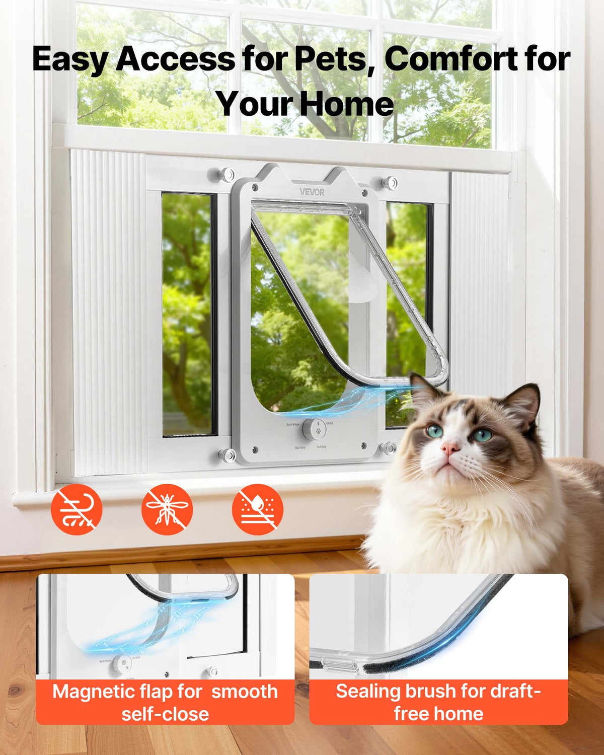 VEVOR Cat Door for Window with Glass and 4 Locking Modes, Window Width 584–711 mm, White