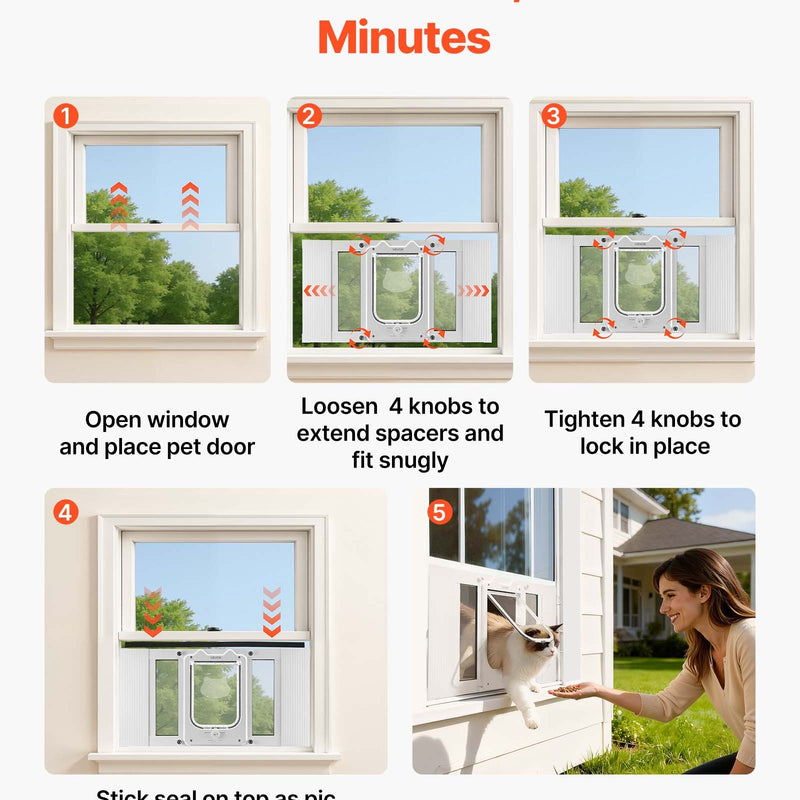 VEVOR kaķu durtiņas logam, regulējamas loga platumam 584–711 mm, 4 droši bloķēšanas režīmi, alumīnija rāmis ar augstas caurspīdības stiklu, magnētiska aizvēršanās, laikapstākļu izturīgas ātrās uzstādīšanas durtiņas kaķiem, baltas
