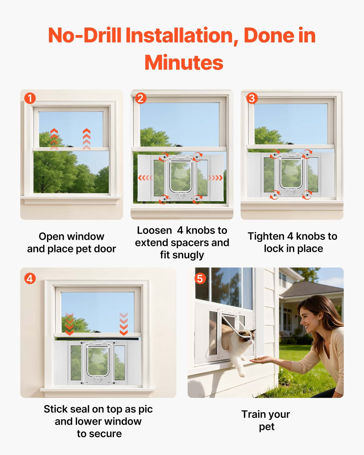 VEVOR Cat Door for Window with Glass and 4 Locking Modes, Window Width 584–711 mm, White