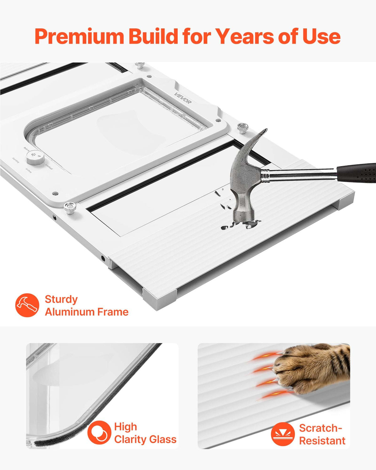 VEVOR Cat Door for Window with Glass and 4 Locking Modes, Window Width 584–711 mm, White