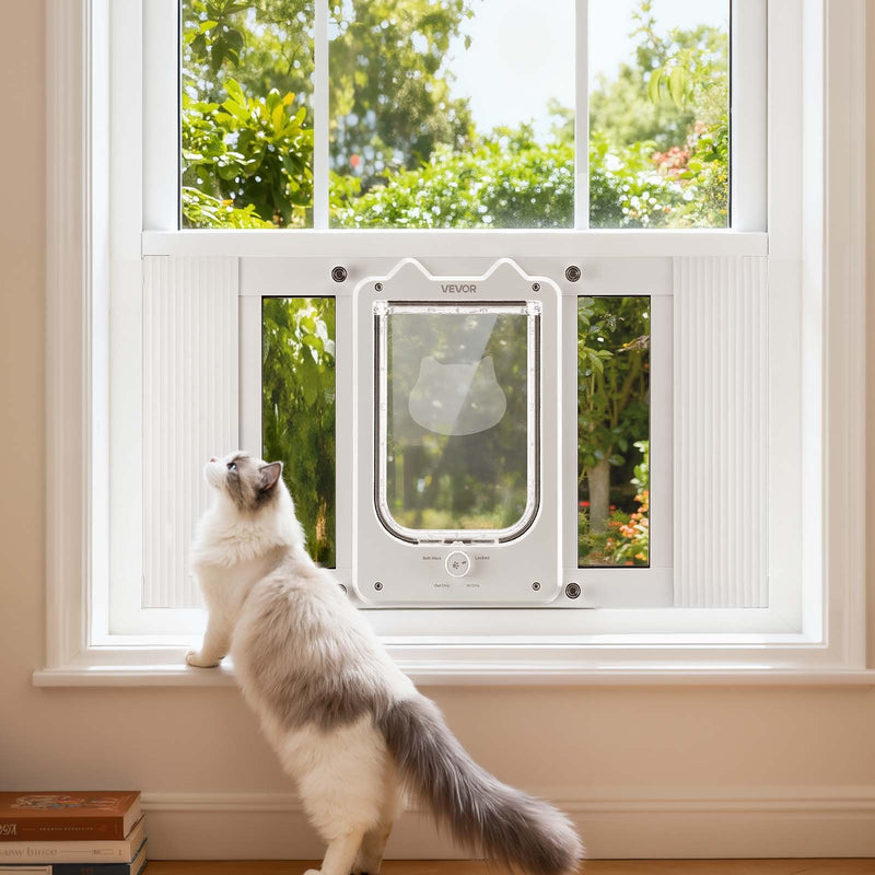 VEVOR kaķu durtiņas logam, regulējamas loga platumam 584–711 mm, 4 droši bloķēšanas režīmi, alumīnija rāmis ar augstas caurspīdības stiklu, magnētiska aizvēršanās, laikapstākļu izturīgas ātrās uzstādīšanas durtiņas kaķiem, baltas