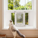 VEVOR kaķu durtiņas logam, regulējamas loga platumam 584–711 mm, 4 droši bloķēšanas režīmi, alumīnija rāmis ar augstas caurspīdības stiklu, magnētiska aizvēršanās, laikapstākļu izturīgas ātrās uzstādīšanas durtiņas kaķiem, baltas