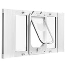 VEVOR kaķu durtiņas logam, regulējams platumam 686–813 mm, 4 droši bloķēšanas režīmi, alumīnija rāmis ar augstas caurspīdības stiklu, magnētiska aizvēršanās, laikapstākļu izturīgas ātrās uzstādīšanas durtiņas kaķiem, baltas