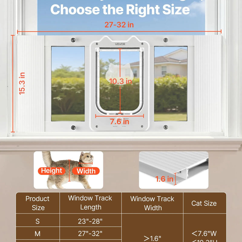 VEVOR kaķu durtiņas logam, regulējams platumam 686–813 mm, 4 droši bloķēšanas režīmi, alumīnija rāmis ar augstas caurspīdības stiklu, magnētiska aizvēršanās, laikapstākļu izturīgas ātrās uzstādīšanas durtiņas kaķiem, baltas