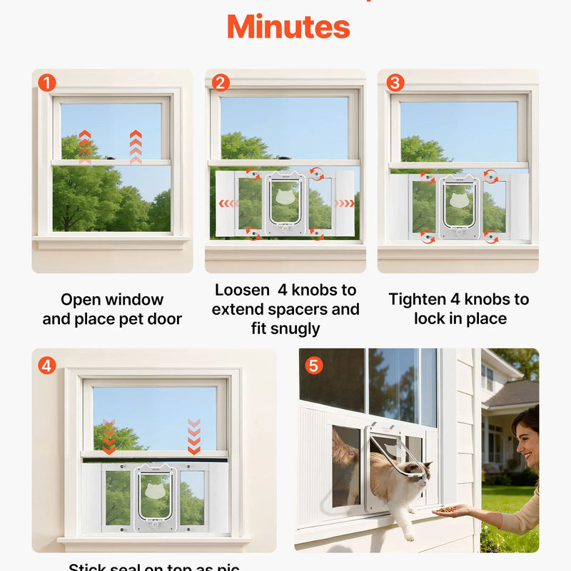 VEVOR kaķu durtiņas logam, regulējams platumam 686–813 mm, 4 droši bloķēšanas režīmi, alumīnija rāmis ar augstas caurspīdības stiklu, magnētiska aizvēršanās, laikapstākļu izturīgas ātrās uzstādīšanas durtiņas kaķiem, baltas