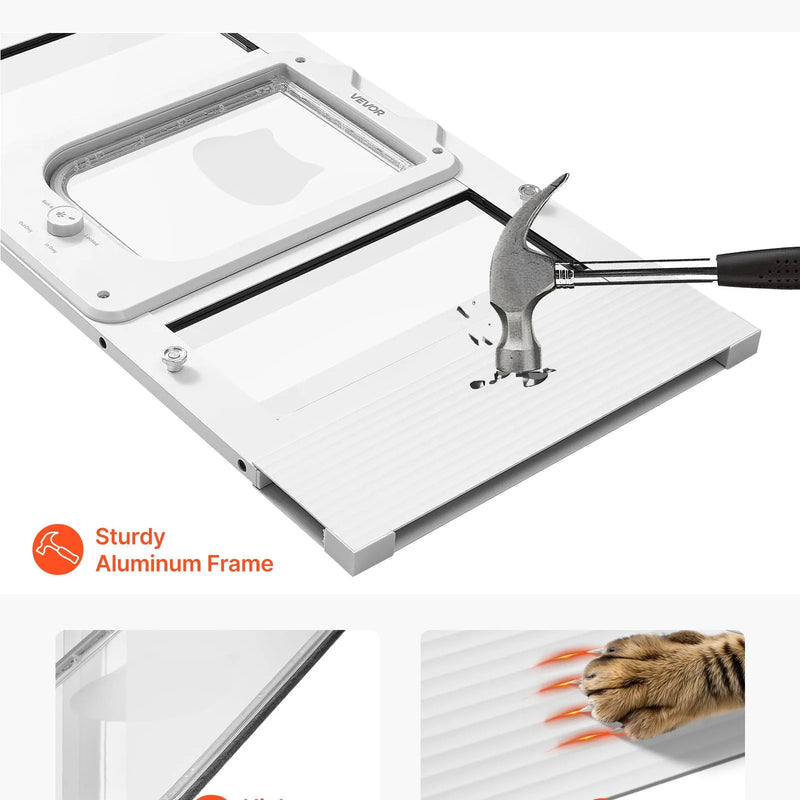 VEVOR kaķu durtiņas logam, regulējams platumam 686–813 mm, 4 droši bloķēšanas režīmi, alumīnija rāmis ar augstas caurspīdības stiklu, magnētiska aizvēršanās, laikapstākļu izturīgas ātrās uzstādīšanas durtiņas kaķiem, baltas