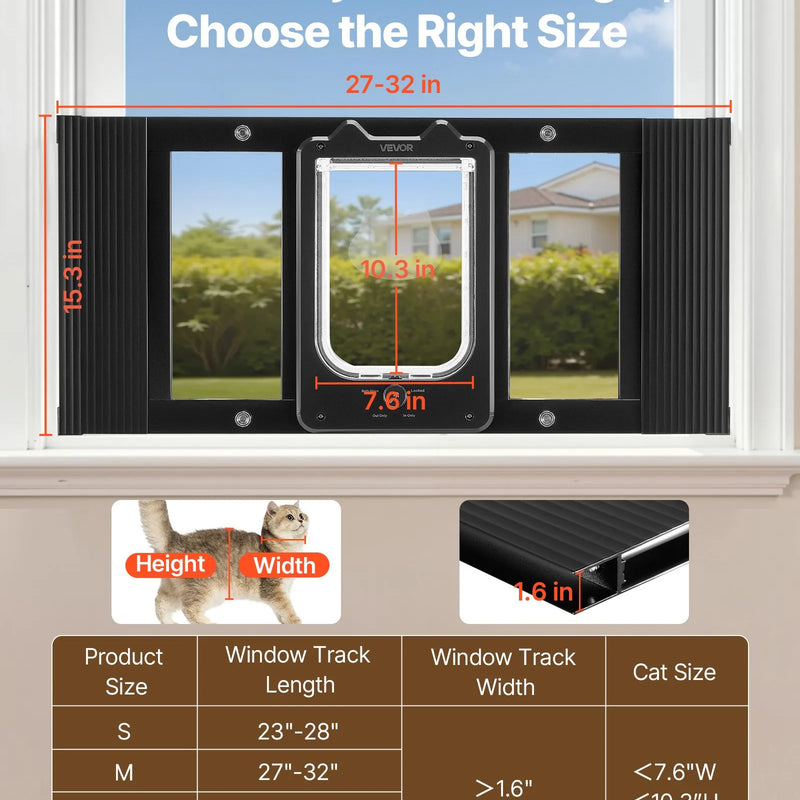 VEVOR kaķu durtiņas logam, regulējamas loga platumam 686–813 mm, 4 droši bloķēšanas režīmi, alumīnija rāmis ar augstas caurspīdības stiklu, magnētiska aizvēršanās, laikapstākļu izturīgas ātrās uzstādīšanas durtiņas kaķiem, melnas