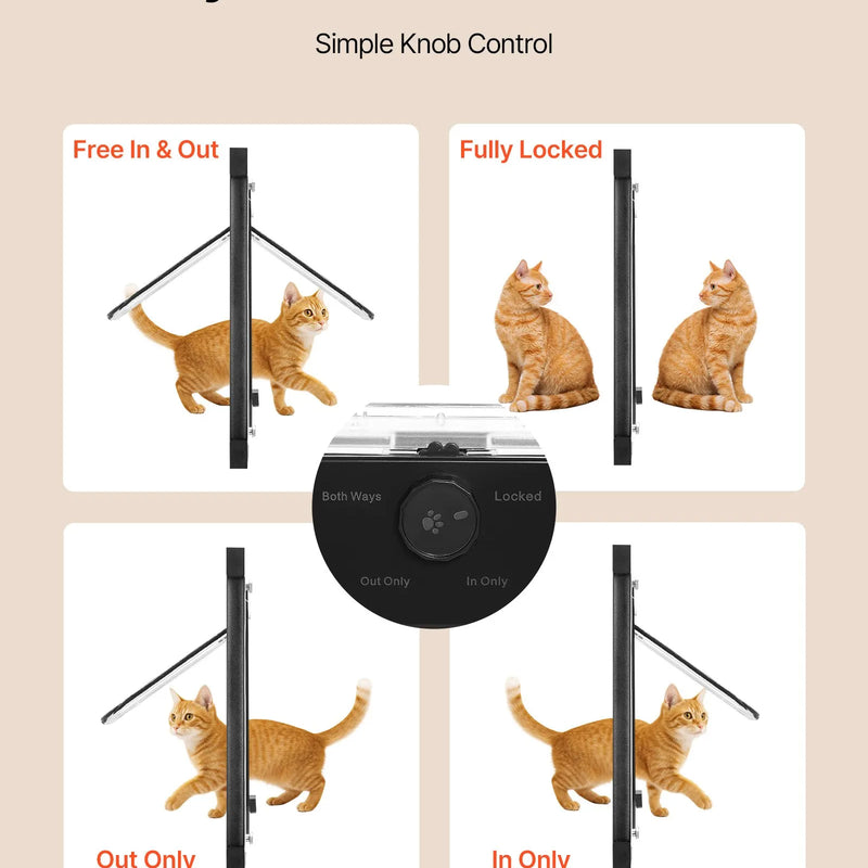 VEVOR kaķu durtiņas logam, regulējamas loga platumam 686–813 mm, 4 droši bloķēšanas režīmi, alumīnija rāmis ar augstas caurspīdības stiklu, magnētiska aizvēršanās, laikapstākļu izturīgas ātrās uzstādīšanas durtiņas kaķiem, melnas