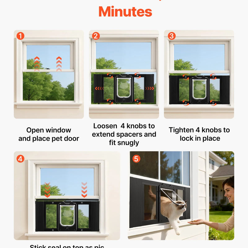 VEVOR kaķu durtiņas logam, regulējamas loga platumam 686–813 mm, 4 droši bloķēšanas režīmi, alumīnija rāmis ar augstas caurspīdības stiklu, magnētiska aizvēršanās, laikapstākļu izturīgas ātrās uzstādīšanas durtiņas kaķiem, melnas