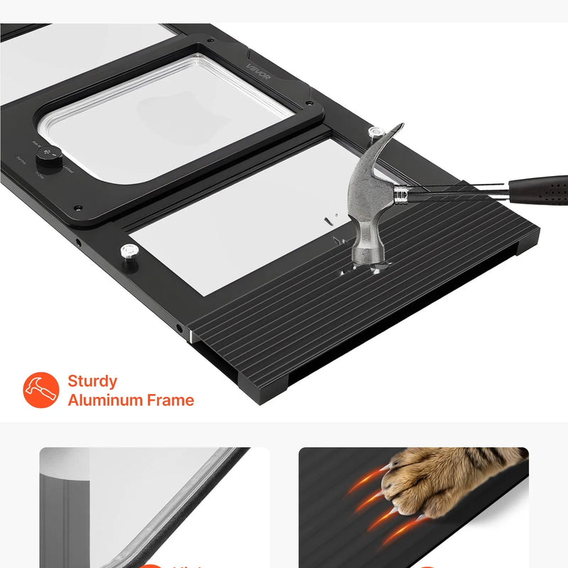 VEVOR kaķu durtiņas logam, regulējamas loga platumam 686–813 mm, 4 droši bloķēšanas režīmi, alumīnija rāmis ar augstas caurspīdības stiklu, magnētiska aizvēršanās, laikapstākļu izturīgas ātrās uzstādīšanas durtiņas kaķiem, melnas