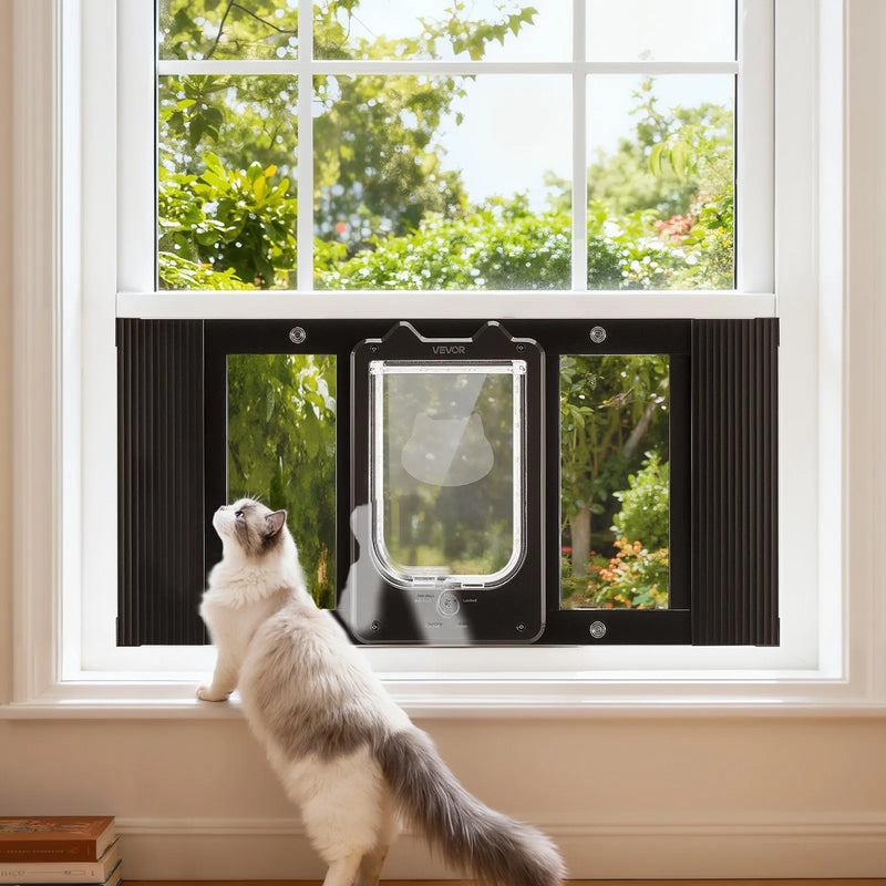 VEVOR kaķu durtiņas logam, regulējamas loga platumam 686–813 mm, 4 droši bloķēšanas režīmi, alumīnija rāmis ar augstas caurspīdības stiklu, magnētiska aizvēršanās, laikapstākļu izturīgas ātrās uzstādīšanas durtiņas kaķiem, melnas