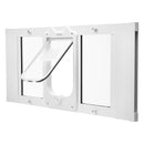 VEVOR kaķu durtiņas logam, regulējamas loga platumam 787–914 mm, 4 droši bloķēšanas režīmi, alumīnija rāmis ar augstas caurspīdības stiklu, magnētiska aizvēršanās, laikapstākļu izturīgas ātrās uzstādīšanas durtiņas kaķiem, baltas