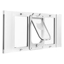 VEVOR kaķu durtiņas logam, regulējamas loga platumam 787–914 mm, 4 droši bloķēšanas režīmi, alumīnija rāmis ar augstas caurspīdības stiklu, magnētiska aizvēršanās, laikapstākļu izturīgas ātrās uzstādīšanas durtiņas kaķiem, baltas