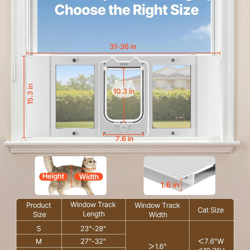 VEVOR kaķu durtiņas logam, regulējamas loga platumam 787–914 mm, 4 droši bloķēšanas režīmi, alumīnija rāmis ar augstas caurspīdības stiklu, magnētiska aizvēršanās, laikapstākļu izturīgas ātrās uzstādīšanas durtiņas kaķiem, baltas