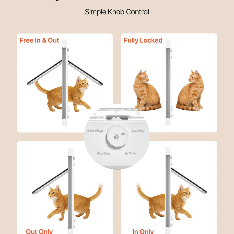VEVOR kaķu durtiņas logam, regulējamas loga platumam 787–914 mm, 4 droši bloķēšanas režīmi, alumīnija rāmis ar augstas caurspīdības stiklu, magnētiska aizvēršanās, laikapstākļu izturīgas ātrās uzstādīšanas durtiņas kaķiem, baltas