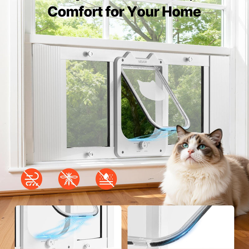 VEVOR kaķu durtiņas logam, regulējamas loga platumam 787–914 mm, 4 droši bloķēšanas režīmi, alumīnija rāmis ar augstas caurspīdības stiklu, magnētiska aizvēršanās, laikapstākļu izturīgas ātrās uzstādīšanas durtiņas kaķiem, baltas