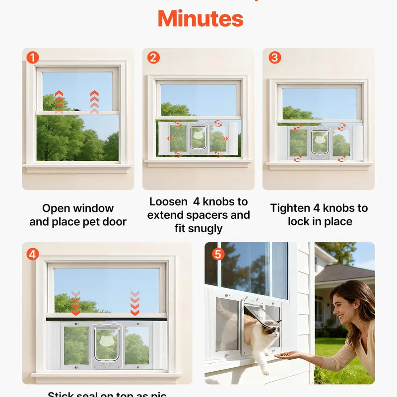 VEVOR kaķu durtiņas logam, regulējamas loga platumam 787–914 mm, 4 droši bloķēšanas režīmi, alumīnija rāmis ar augstas caurspīdības stiklu, magnētiska aizvēršanās, laikapstākļu izturīgas ātrās uzstādīšanas durtiņas kaķiem, baltas