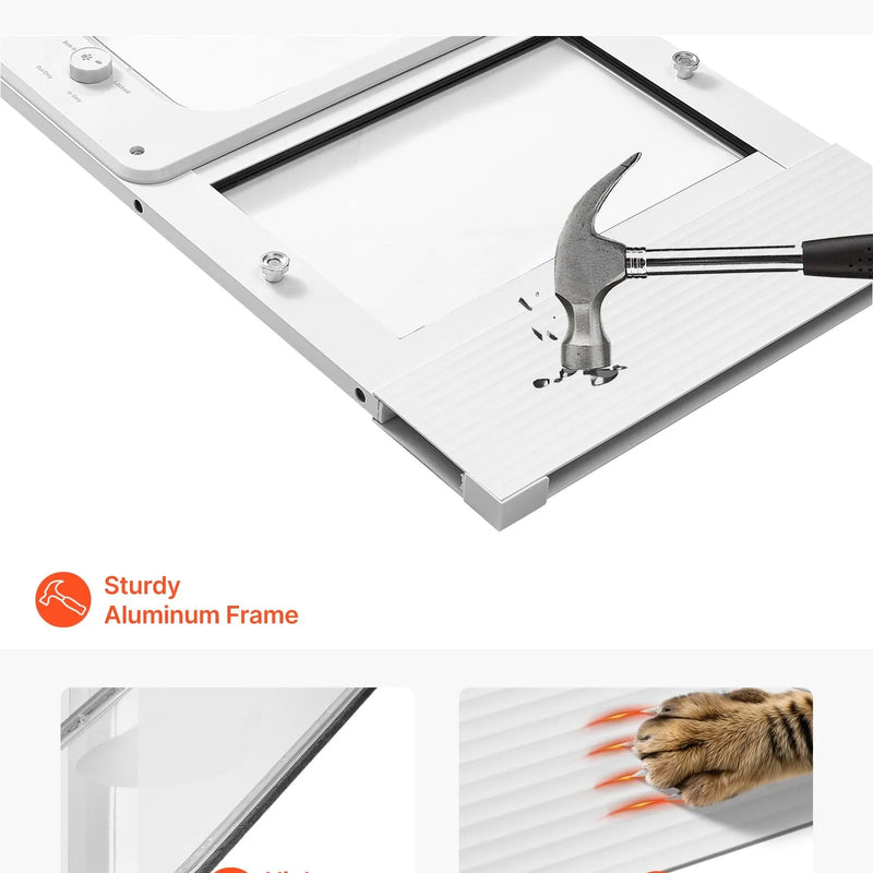 VEVOR kaķu durtiņas logam, regulējamas loga platumam 787–914 mm, 4 droši bloķēšanas režīmi, alumīnija rāmis ar augstas caurspīdības stiklu, magnētiska aizvēršanās, laikapstākļu izturīgas ātrās uzstādīšanas durtiņas kaķiem, baltas