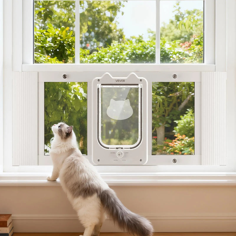 VEVOR kaķu durtiņas logam, regulējamas loga platumam 787–914 mm, 4 droši bloķēšanas režīmi, alumīnija rāmis ar augstas caurspīdības stiklu, magnētiska aizvēršanās, laikapstākļu izturīgas ātrās uzstādīšanas durtiņas kaķiem, baltas