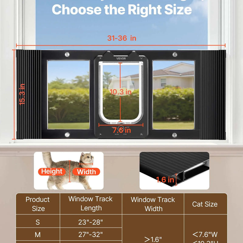 VEVOR kaķu durvis logam, regulējamas loga platumam 787–914 mm, 4 droši bloķēšanas režīmi, alumīnija rāmis un augstas caurspīdības stikls, magnētiska aizvēršana, laikapstākļu izturīgas, ātri uzstādāmas mājdzīvnieku durvis kaķiem, melnas
