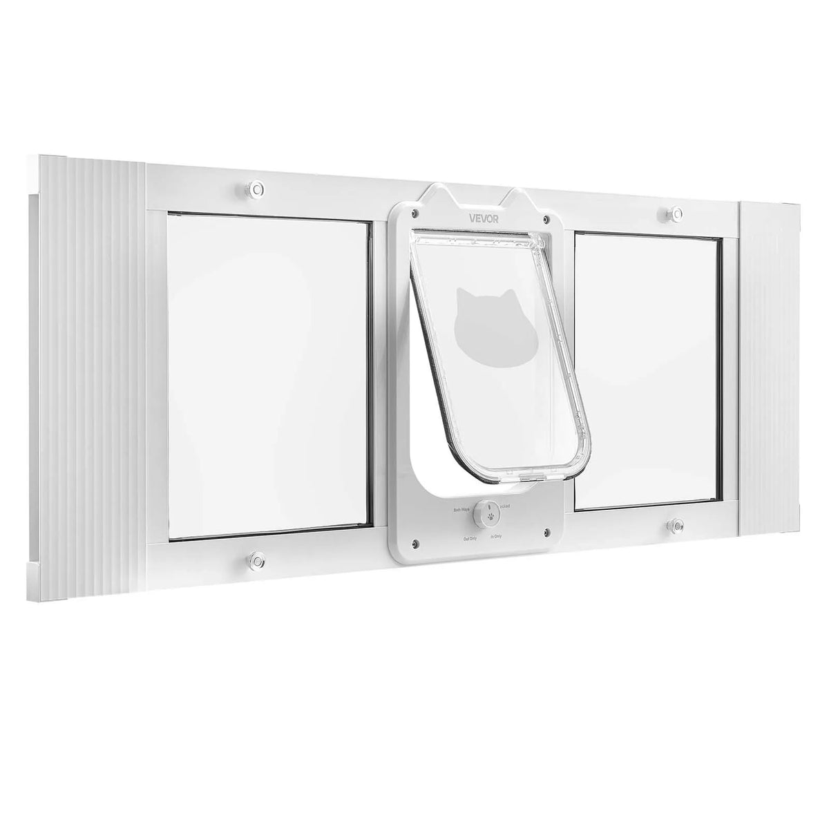 VEVOR kaķu durtiņas logam ar stiklu un 4 bloķēšanas režīmiem, loga platumam 889–1016 mm, baltas