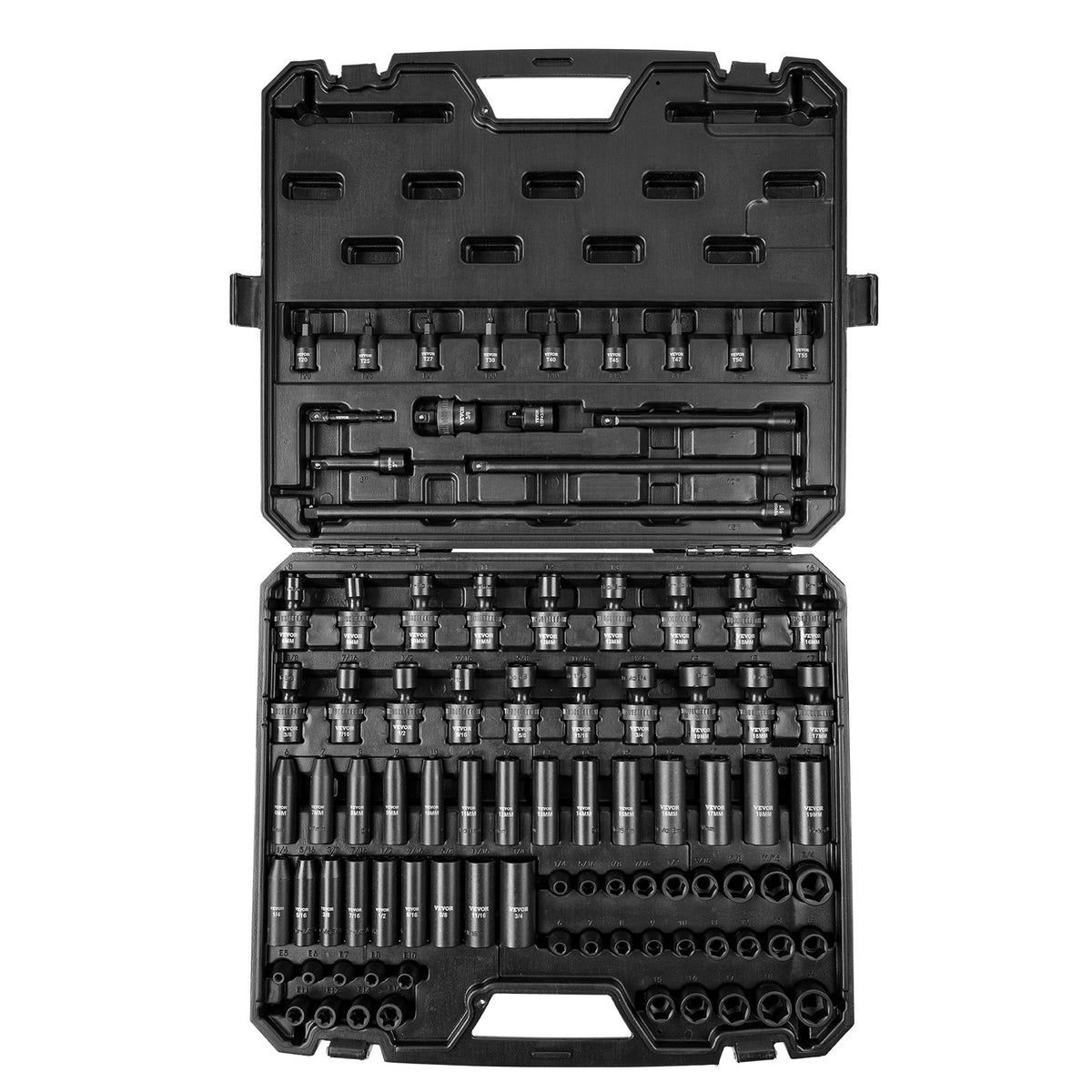 VEVOR 9.5 mm Drive Impact Socket Set 90 Pieces, SAE 6.35 mm – 19 mm, CR-Mo Alloy Steel, with Extension Bars and Universal Joint