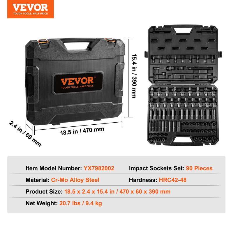 VEVOR 9,5 mm piedziņas triecienskrūvgriežu uzmavu komplekts 90 gab, SAE 6,35 mm – 19 mm, CR-Mo leģētais tērauds, ar pagarinājuma stieņiem un universālu savienojumu