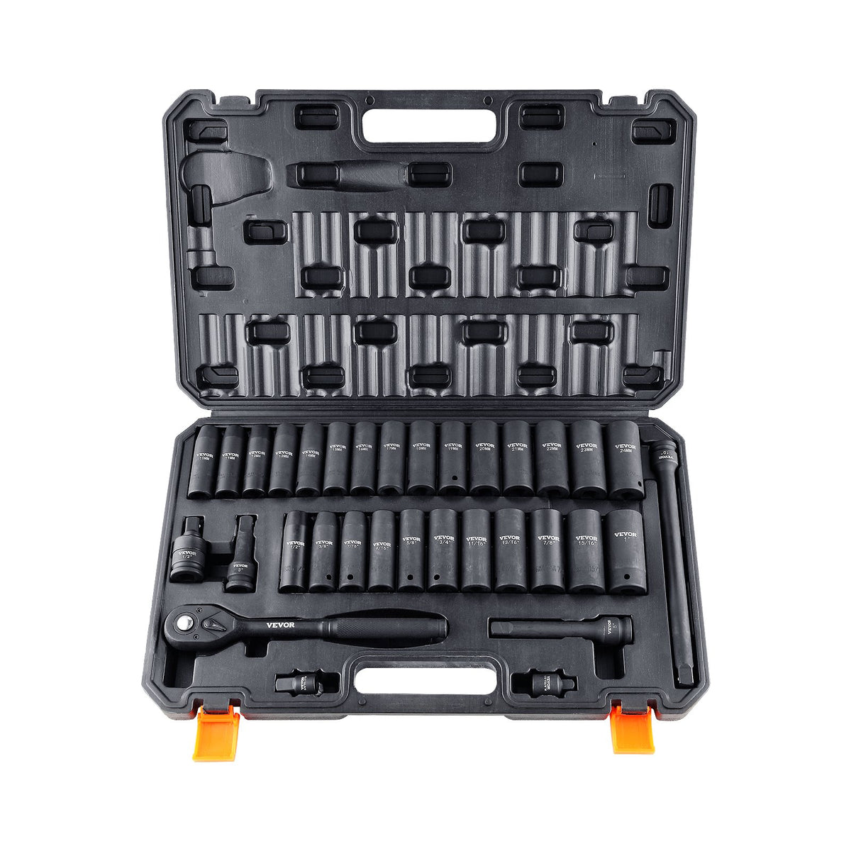 VEVOR 12,7 mm piedziņas trieciensloksnu komplekts, 33 gab, SAE 9,5 mm - 25,4 mm un metriskie 10-24 mm, 6-punktu Cr-V leģētais tērauds auto remontam, viegli salasāmi izmēru marķējumi, izturīga konstrukcija, uzglabāšanas kaste