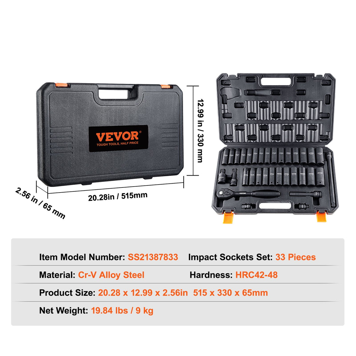 VEVOR 12,7 mm piedziņas trieciensloksnu komplekts, 33 gab, SAE 9,5 mm - 25,4 mm un metriskie 10-24 mm, 6-punktu Cr-V leģētais tērauds auto remontam, viegli salasāmi izmēru marķējumi, izturīga konstrukcija, uzglabāšanas kaste