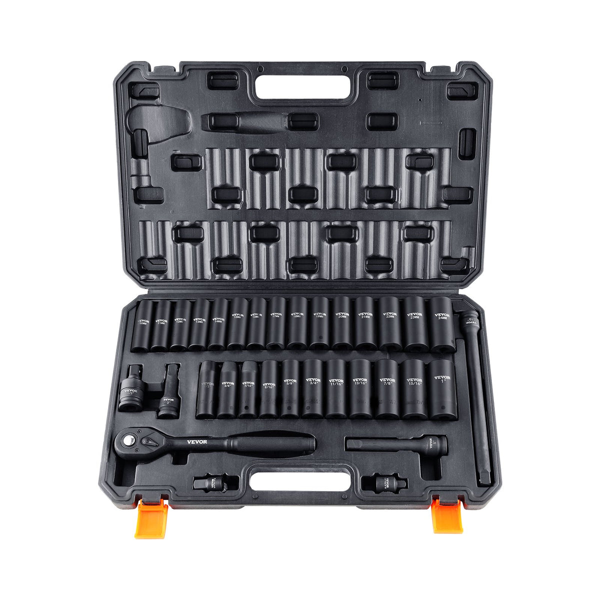 VEVOR 12,7 mm piedziņas trieciensloksnu komplekts, 33 gab, SAE 9,5 mm - 25,4 mm un metriskie 10-24 mm, 6-punktu Cr-V leģētais tērauds auto remontam, viegli salasāmi izmēru marķējumi, izturīga konstrukcija, uzglabāšanas kaste