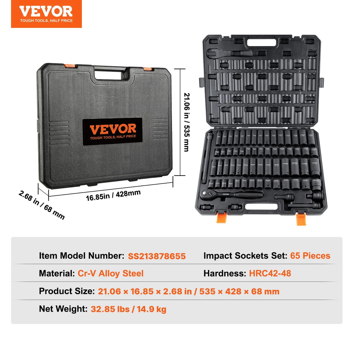 VEVOR 12.7 mm Impact Socket Set (EU Measurements), 65 Pieces, SAE 9.5–31.8 mm and Metric 10–24 mm, Hexagon Cr-V Alloy Steel for Auto Repair, Durable Construction, Easy-to-Read Markings, Storage Case