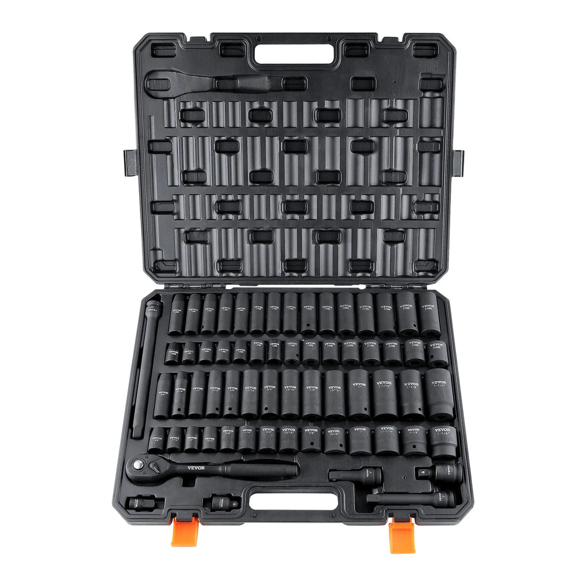VEVOR 12.7 mm Impact Socket Set (EU Measurements), 65 Pieces, SAE 9.5–31.8 mm and Metric 10–24 mm, Hexagon Cr-V Alloy Steel for Auto Repair, Durable Construction, Easy-to-Read Markings, Storage Case