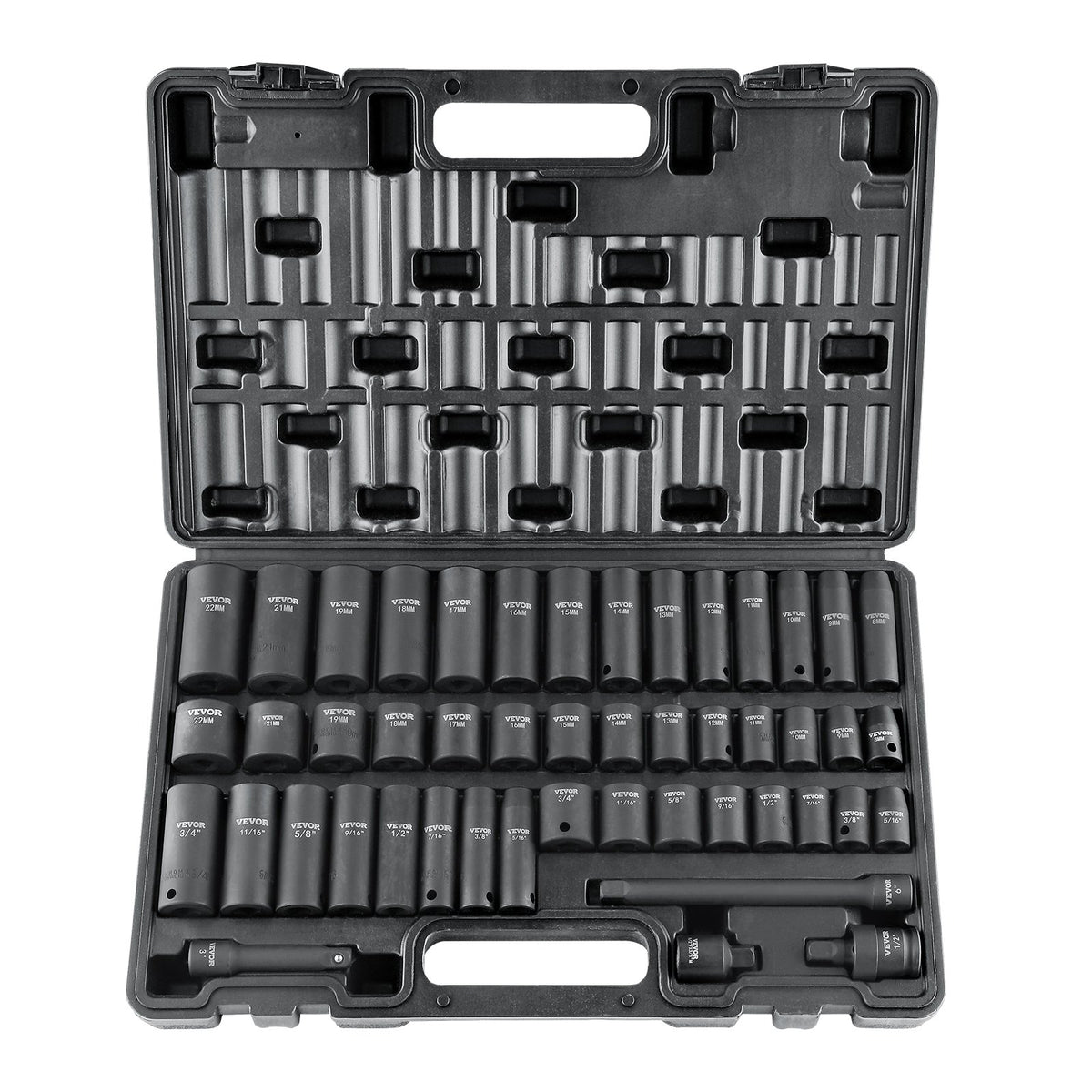 VEVOR 9.5 mm Drive Impact Socket Set 48 Pieces SAE (8–22 mm), 6-Point Cr-V, Drive Extension, Universal Adapter, Power Tool Attachment, Storage Case