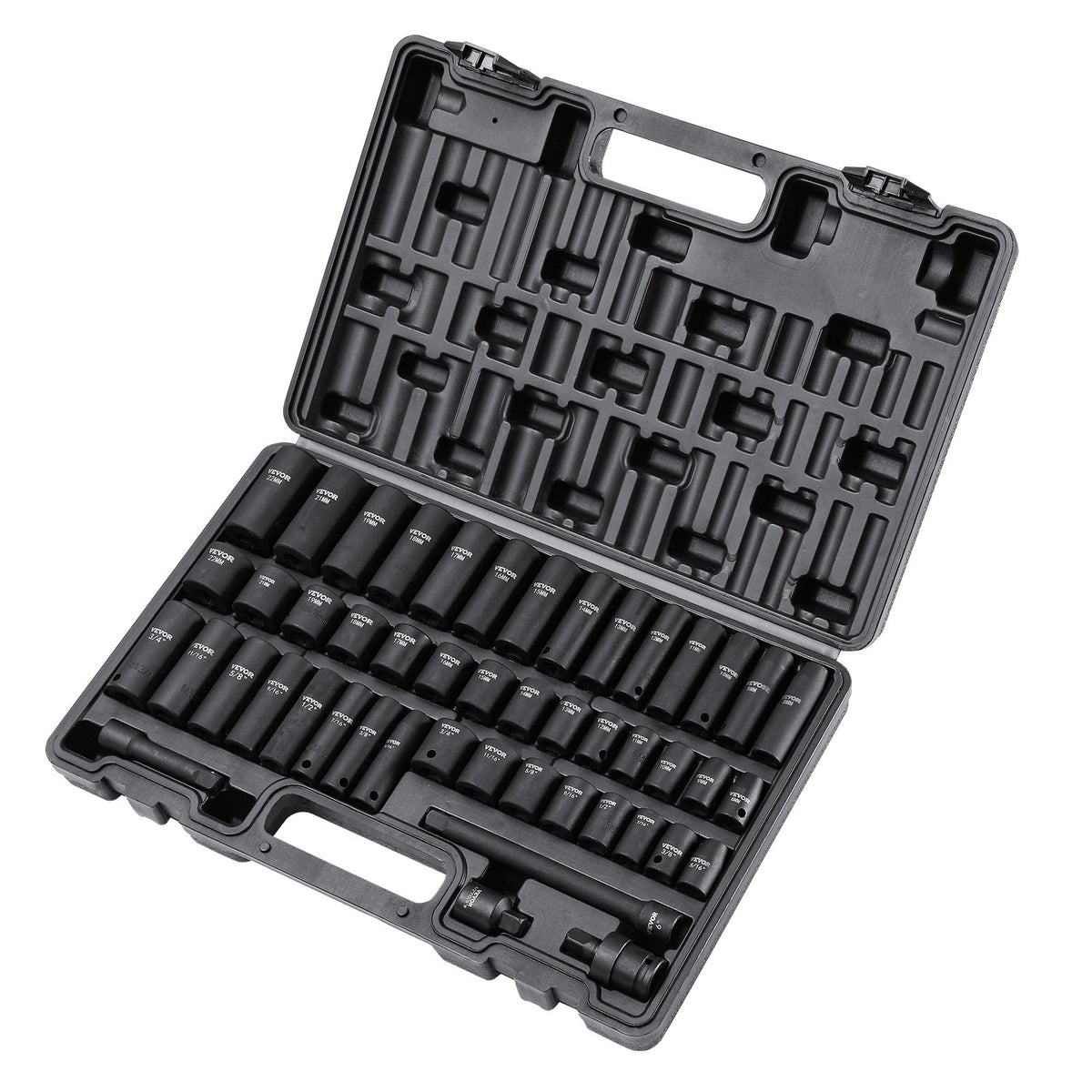 VEVOR 9.5 mm Drive Impact Socket Set 48 Pieces SAE (8–22 mm), 6-Point Cr-V, Drive Extension, Universal Adapter, Power Tool Attachment, Storage Case