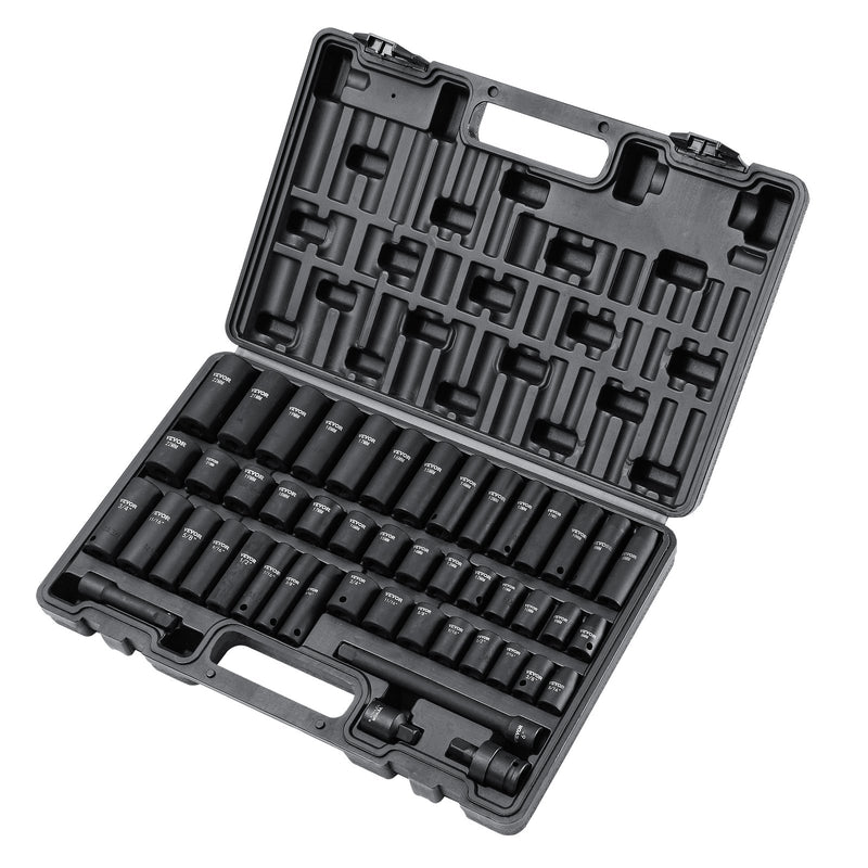 VEVOR 9,5 mm piedziņas triecienskrūvgriežu uzmavu komplekts 48 gab SAE (8–22 mm), 6-punktu Cr-V, piedziņas pagarinātājs, universāls savienotājs, elektroinstrumentu adapteris, uzglabāšanas kaste